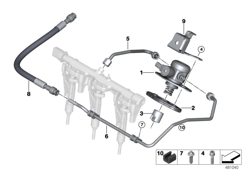Насос высокого давления/трубопроводы для BMW F55 Cooper S B46 (схема запчастей)