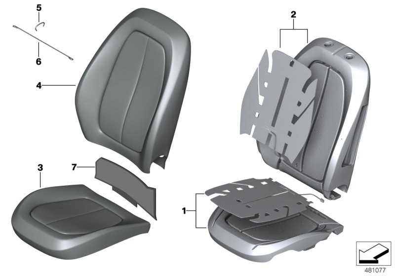 Набивка и обивка базового сиденья Пд для BMW F46N 216i B38B (схема запчастей)