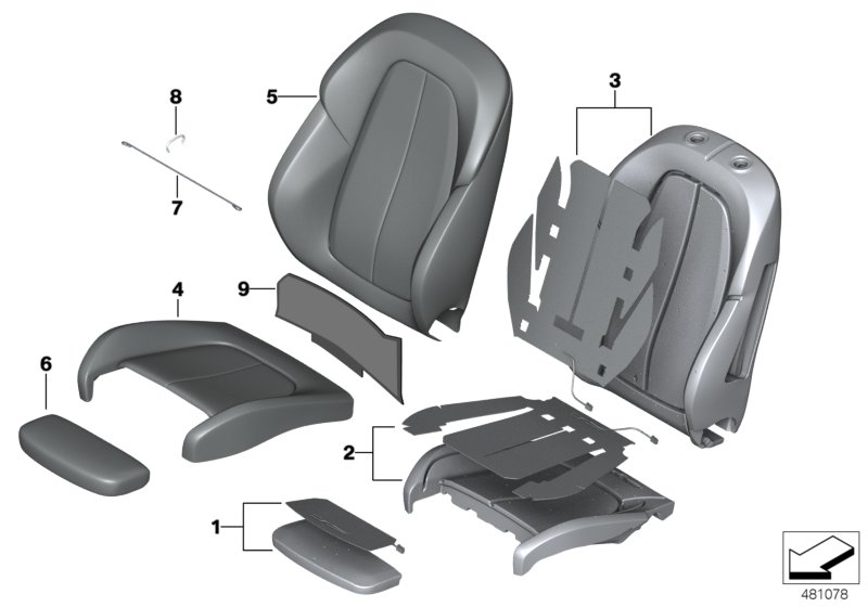Набивка и обивка спортивного пер.сиденья для BMW F46N 220i B48C (схема запчастей)