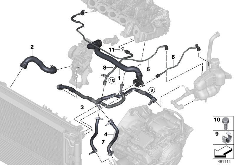 Шланги системы охлаждения для BMW F45N 218dX B47 (схема запчастей)