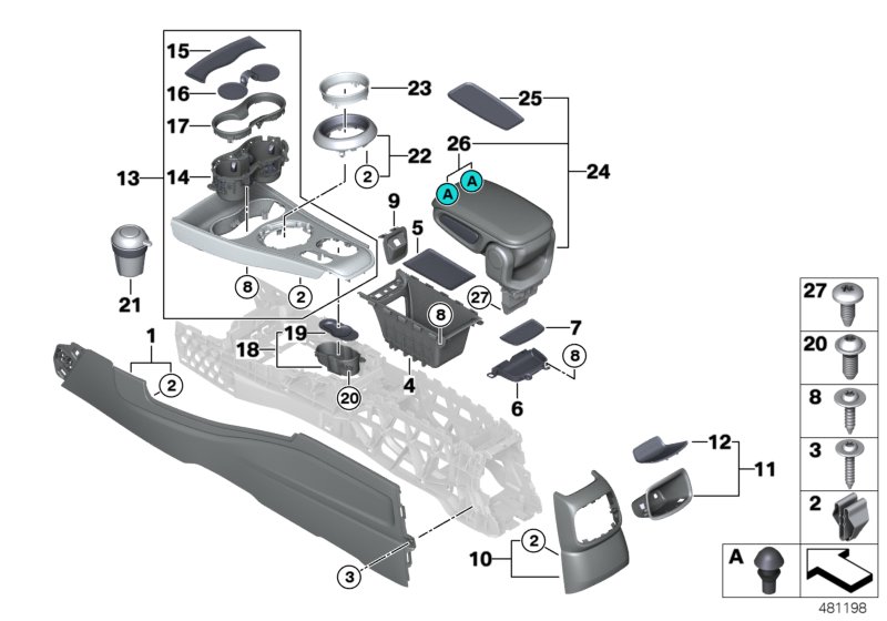 Доп.элементы центральной консоли для BMW F60 Cooper B36C (схема запчастей)