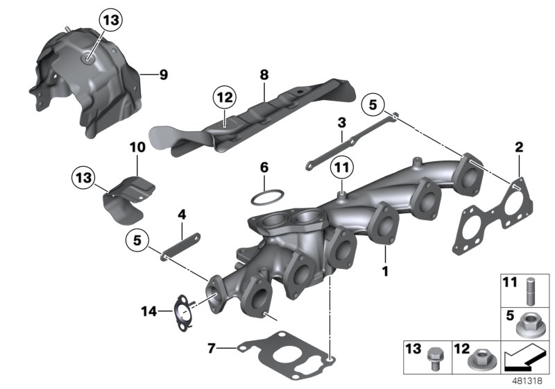 Выпускной коллектор-рециркуляция ОГ для BMW F32 435dX N57Z (схема запчастей)