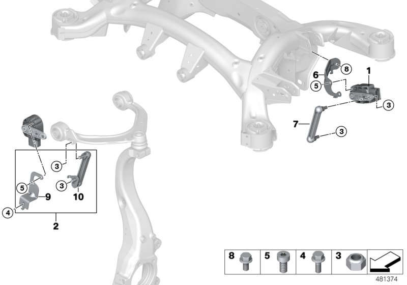 Датчик высоты дор.просвета/доп.элементы для BMW F15 X5 25dX N47S1 (схема запчастей)