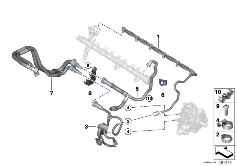 Топливопроводы/элементы крепления для BMW G05 X5 30dX B57 (схема запчастей)