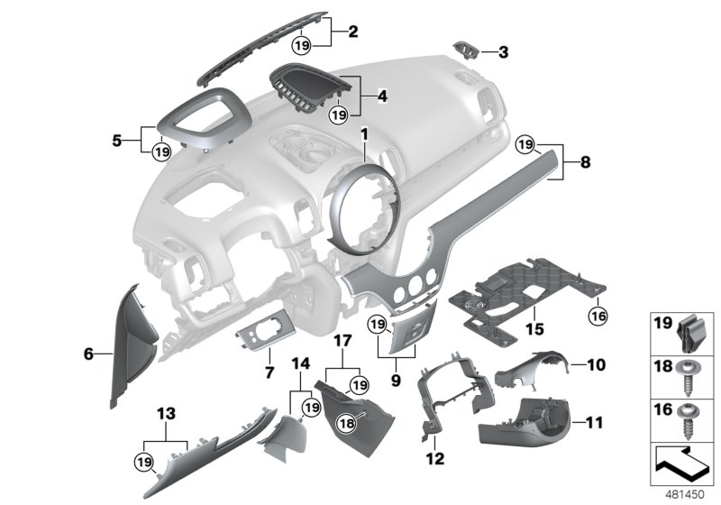 Доп.элементы панели приборов для BMW F60 One B38 (схема запчастей)