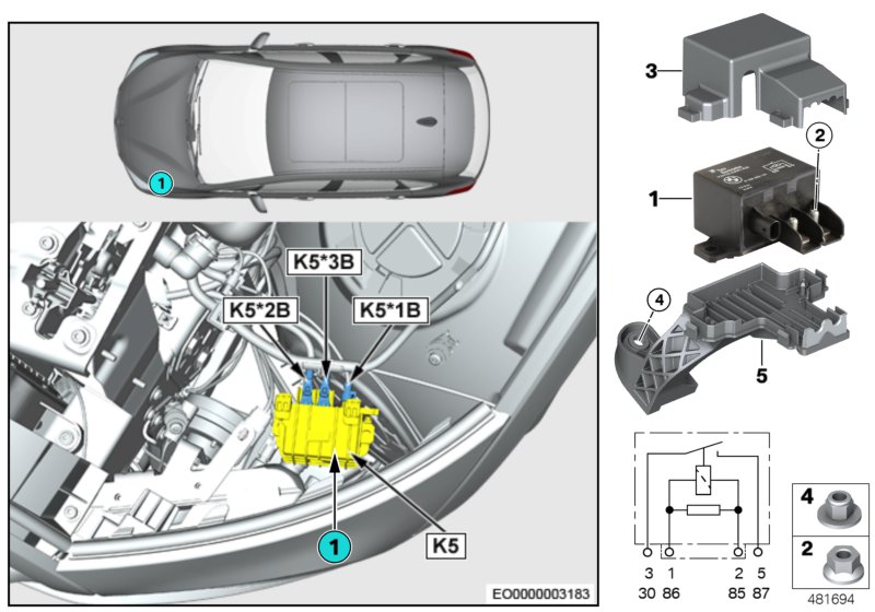 Реле электровентилятора двигателя K5 для BMW F46N 220i B48C (схема запчастей)