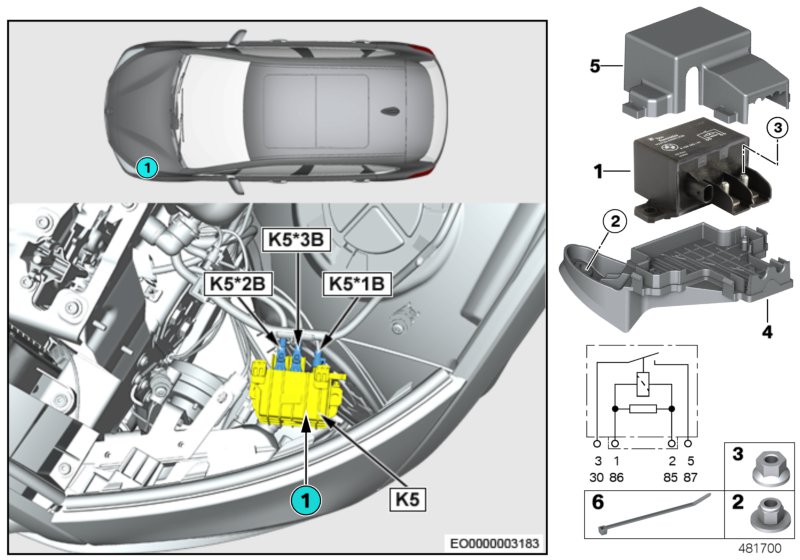 Реле электровентилятора двигателя K5 для BMW F48N X1 20iX B48C (схема запчастей)