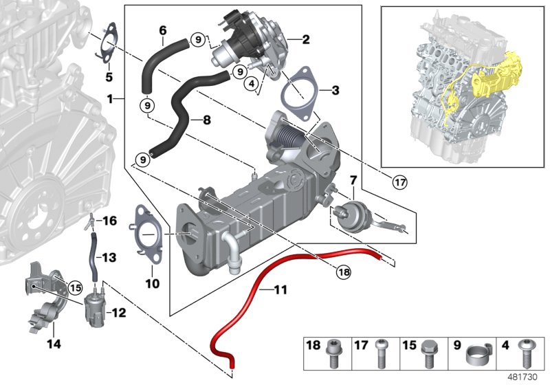 Система нейтрализации ОГ, охлаждение для BMW F46N 216d B37B (схема запчастей)