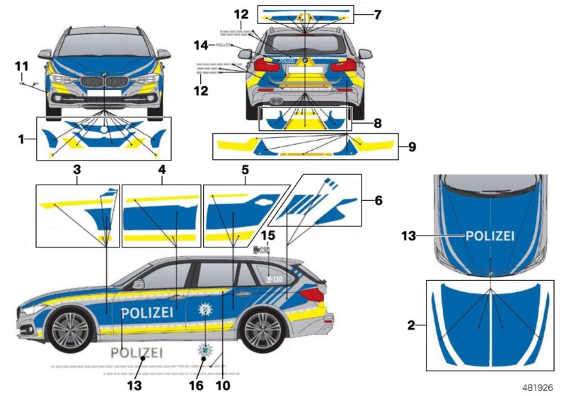 Наклейки полиция Баварии синий для BMW F31N 330dX N57N (схема запчастей)