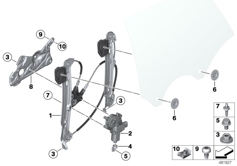Механизм перемещения стекла двери Зд для BMW F36N 430d N57N (схема запчастей)