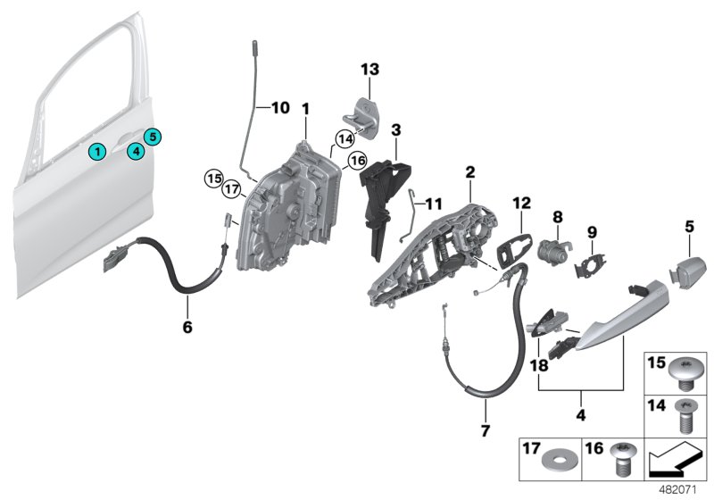 Система замков передней двери для BMW F45 220dX B47 (схема запчастей)