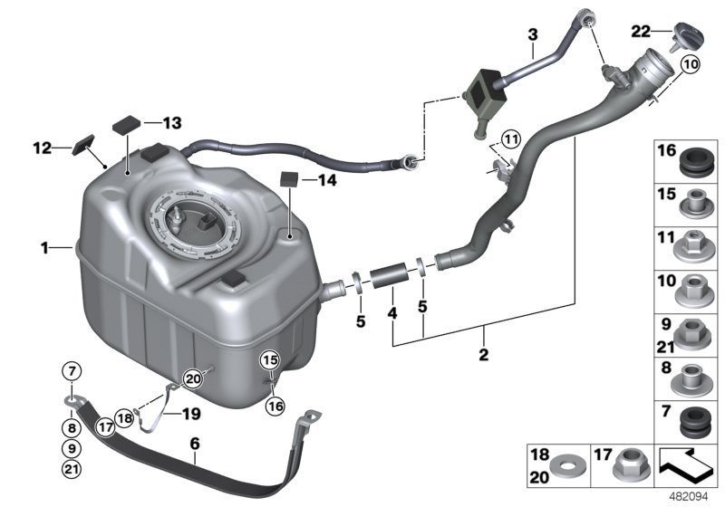 Топливный бак/дополнительные элементы для BMW F60 Cooper SE ALL4 B38X (схема запчастей)