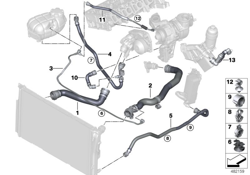 Шланги системы охлаждения для BMW F33N 425d B47 (схема запчастей)