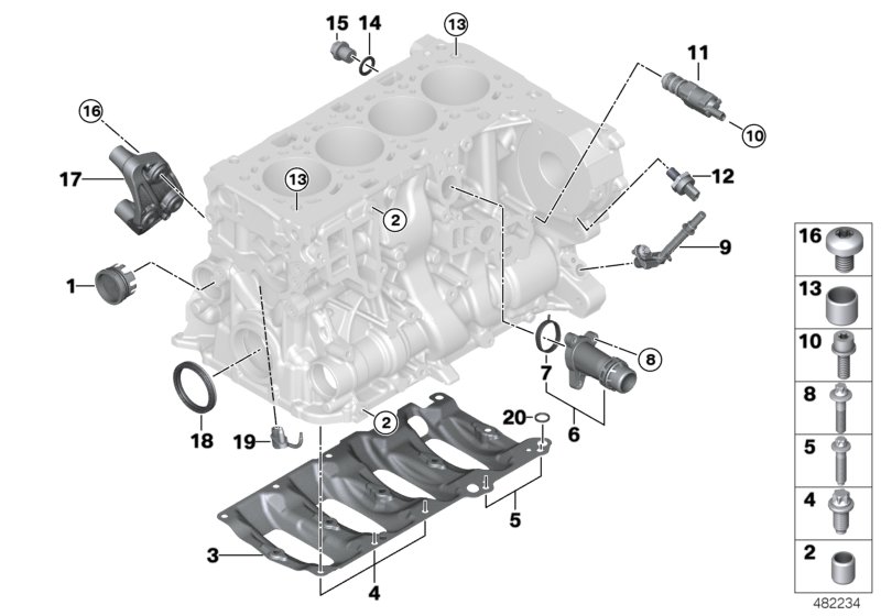Блок цилиндров/дополнительные элементы для BMW F48N X1 18dX B47 (схема запчастей)