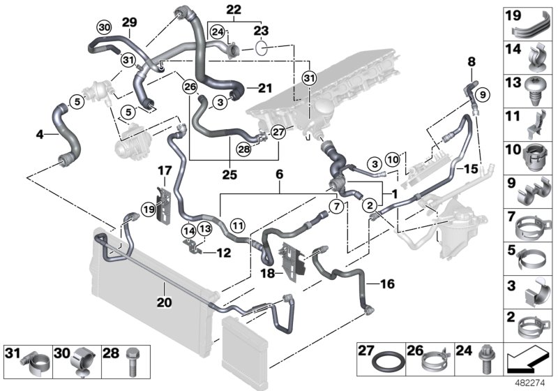 Шланги системы охлаждения для BMW F06 640iX N55 (схема запчастей)