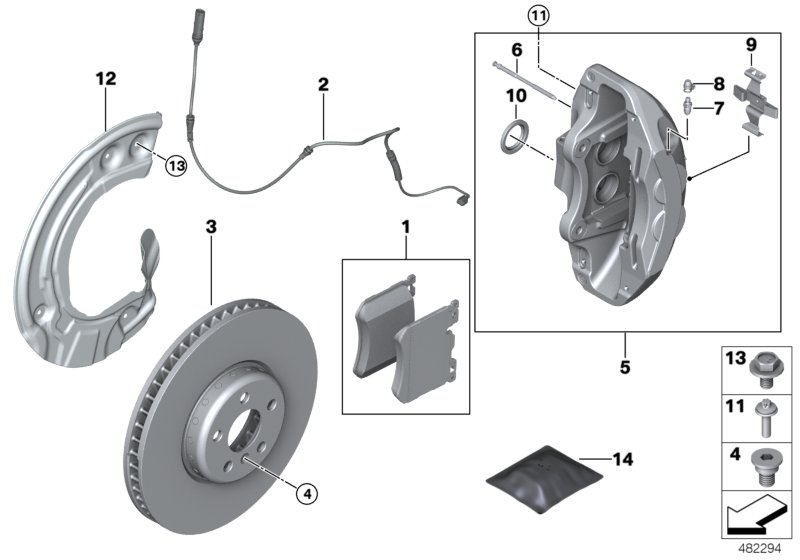 Тормозной механизм переднего колеса для BMW G20 320i B48D (схема запчастей)