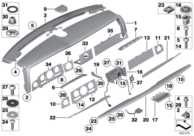 Передняя панель, верхняя часть для BMW RR2 Drophead N73 (схема запчастей)