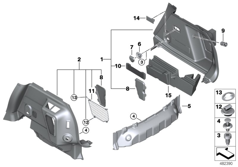 Обшивка багажного отделения Бок для MINI F60 JCW ALL4 B48 (схема запчастей)