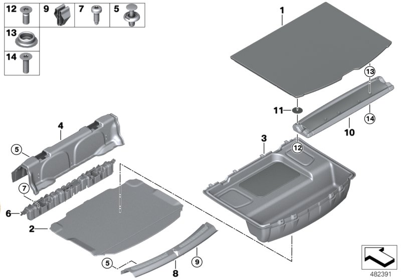 Облицовка пола багажного отделения для MINI F60 Cooper B36 (схема запчастей)