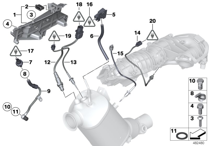 Датчики саж. фильтра/дополн.элементы для BMW E91N 318d N47N (схема запчастей)