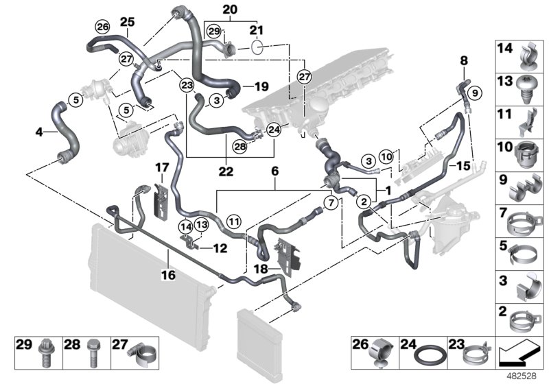 Шланги системы охлаждения для BMW F02N 740Li N55 (схема запчастей)