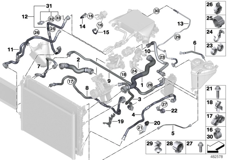 Шланги системы охлаждения для BMW G31 M550dX B57S (схема запчастей)