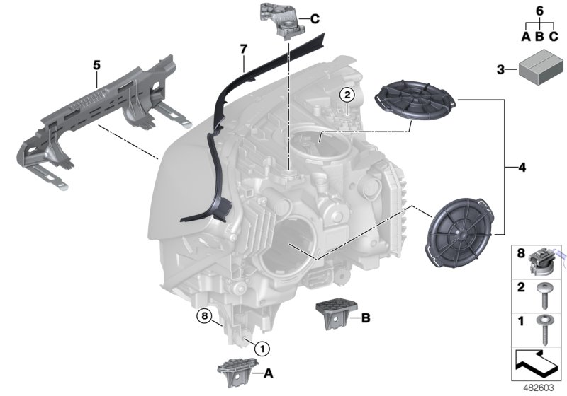Детали фары для BMW G32 630iX B58C (схема запчастей)