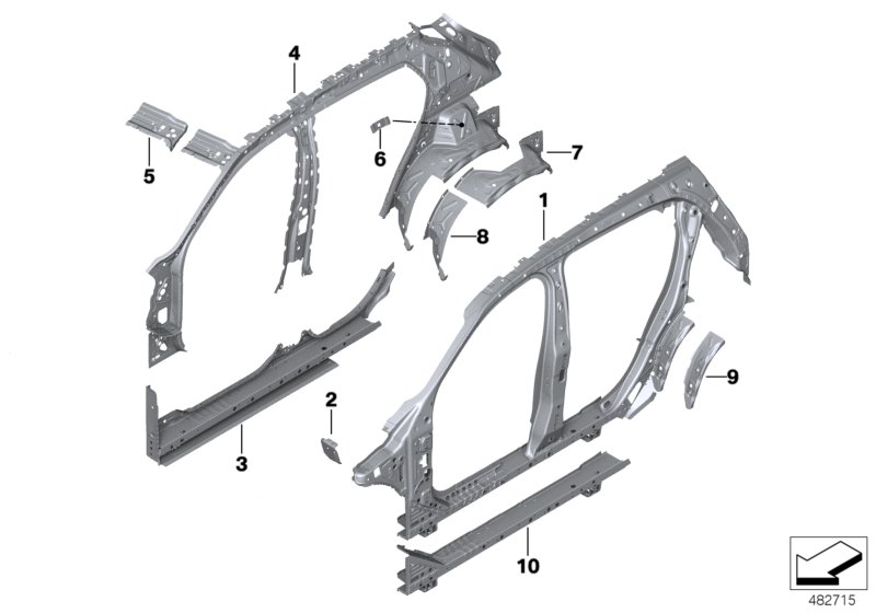 Детали бокового каркаса для BMW F39 X2 20dX B47 (схема запчастей)