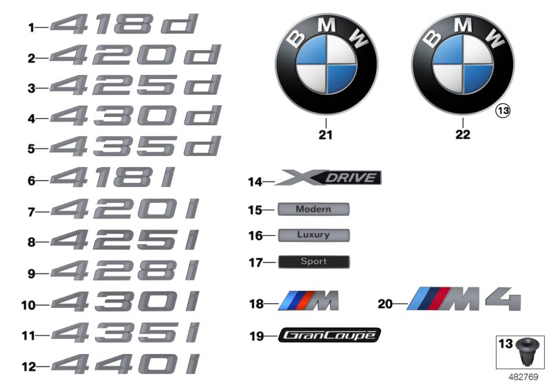 Эмблемы / надписи для BMW F32N 440iX B58 (схема запчастей)