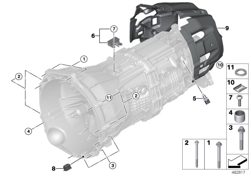 Крепление/дополнит.элементы КПП для BMW F21N 114d B37 (схема запчастей)