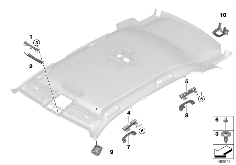 Доп.элементы потолка для BMW G01 X3 M40dX (TX91) B57 (схема запчастей)