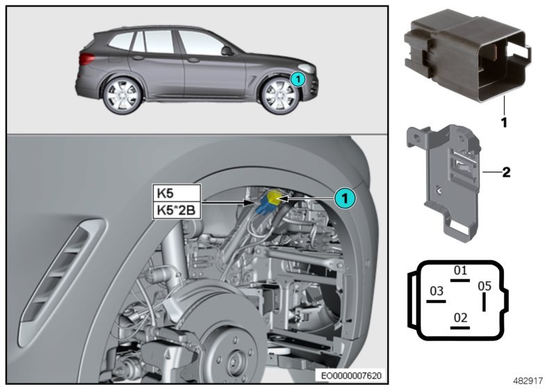 Реле электровентилятора двигателя K5 для BMW G01 X3 18d B47B (схема запчастей)