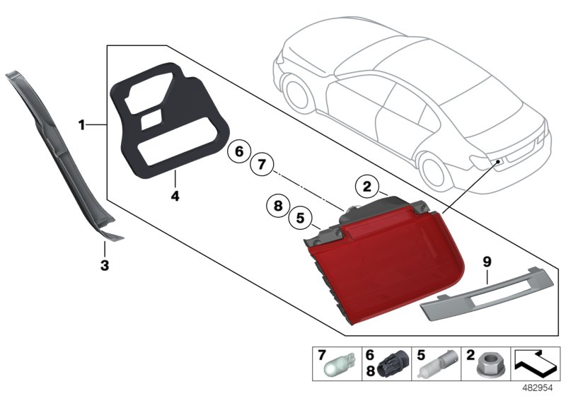 Блок задних фонарей на багажной двери для BMW F02N 750Li N63N (схема запчастей)