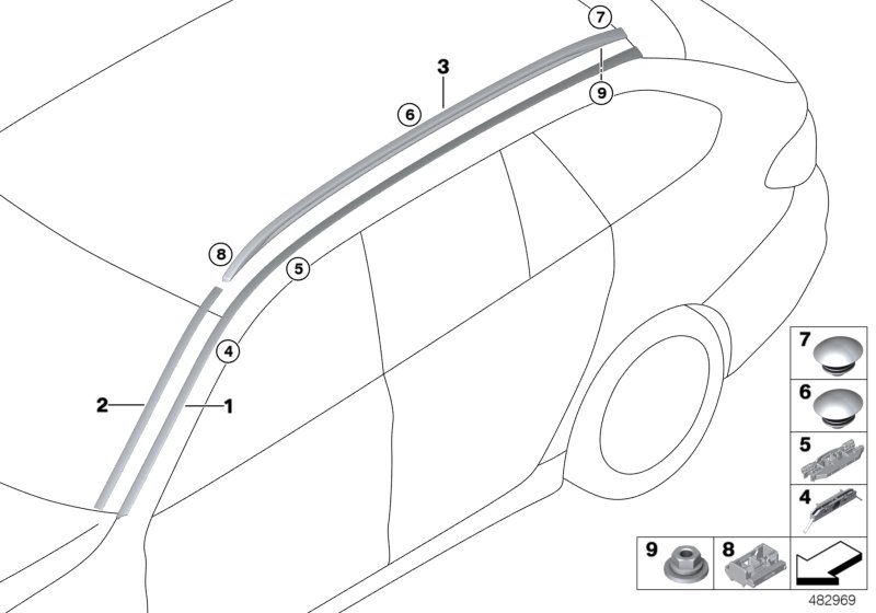 Декоративная планка крыши/леер для BMW G31 530d B57 (схема запчастей)
