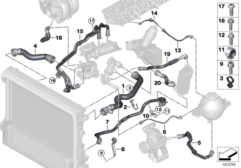 Шланги системы охлаждения для BMW G01 X3 M40dX (TX95) B57 (схема запчастей)