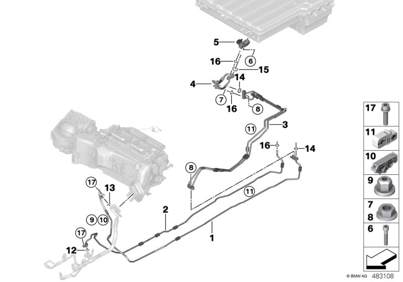 Трубопроводы хладагента под днищем для BMW F30N 330e B48X (схема запчастей)