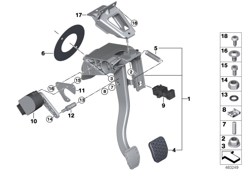 Педальный механизм в сборе для BMW I12N i8 B38X (схема запчастей)
