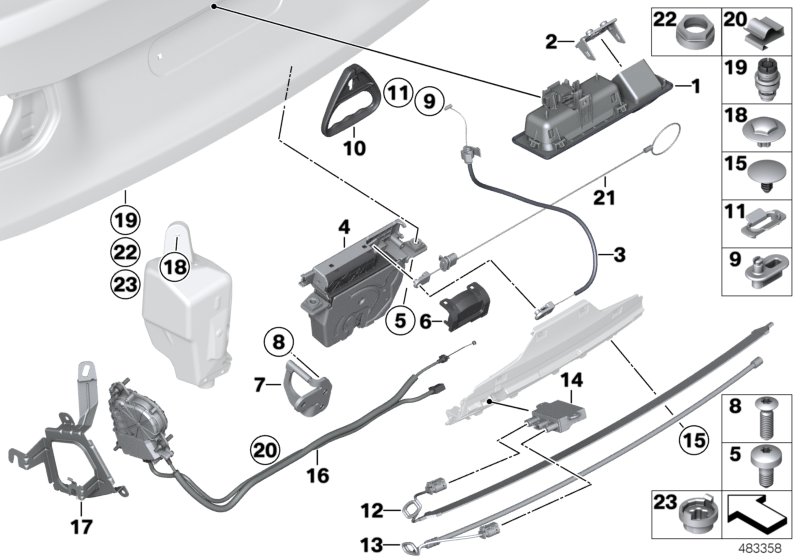 Багажная дверь/система запирания для BMW F30N 330iX B48 (схема запчастей)