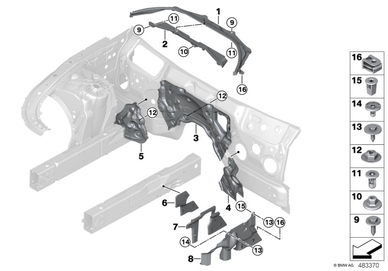 Дополнительные элементы моторного отсека для BMW G30 530i B46 (схема запчастей)
