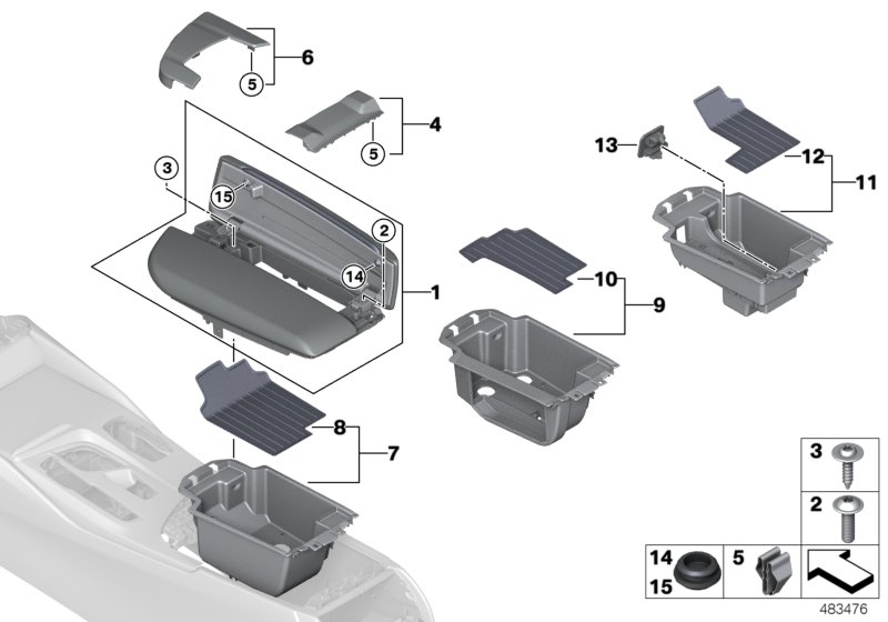 Подлокотник на центральной консоли для BMW G30 M550iX N63R (схема запчастей)