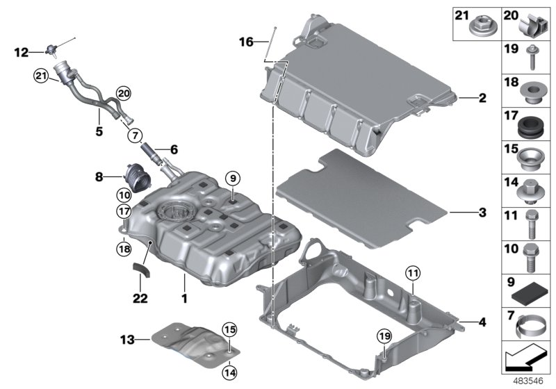 Топливный бак/дополнительные элементы для BMW G30 530e B46X (схема запчастей)