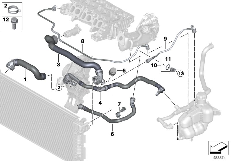 Шланги системы охлаждения для BMW F57 Cooper D B37B (схема запчастей)