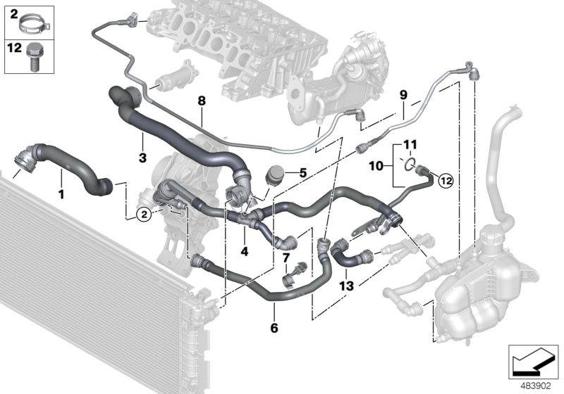 Шланги системы охлаждения для BMW F57 Cooper D B37B (схема запчастей)