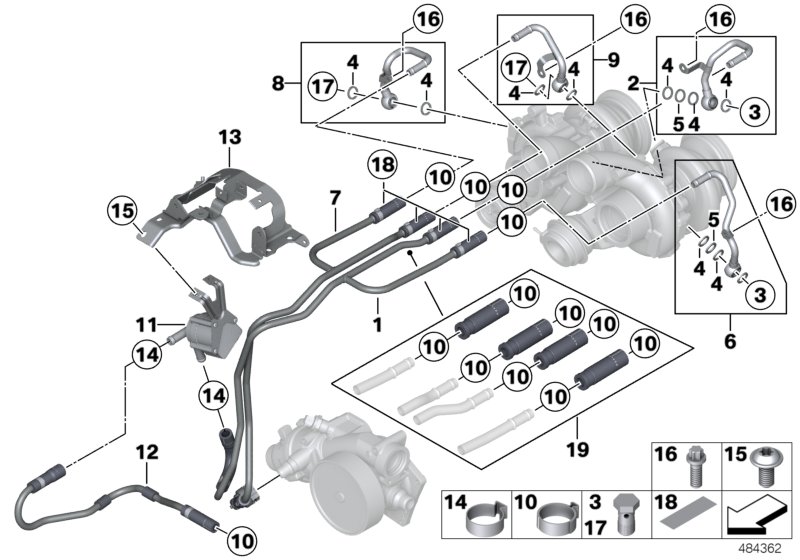 Система охлаждения-турбонагнетатель для BMW F10 M5 S63N (схема запчастей)