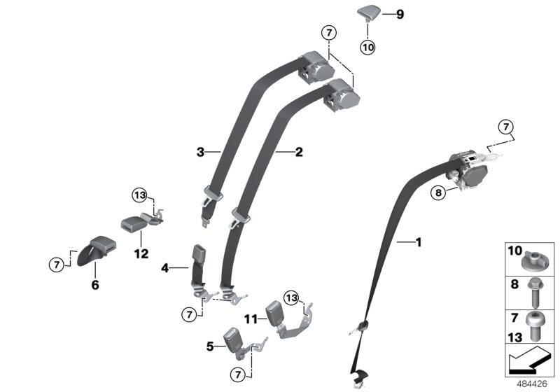 Ремень безопасности Зд для BMW G30 540i B58 (схема запчастей)