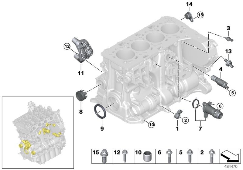 Блок цилиндров/дополнительные элементы для BMW F60 Cooper S ALL4 B48 (схема запчастей)