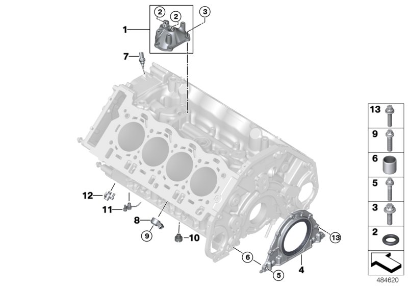 Блок цилиндров/дополнительные элементы для BMW F92 M8 S63M (схема запчастей)