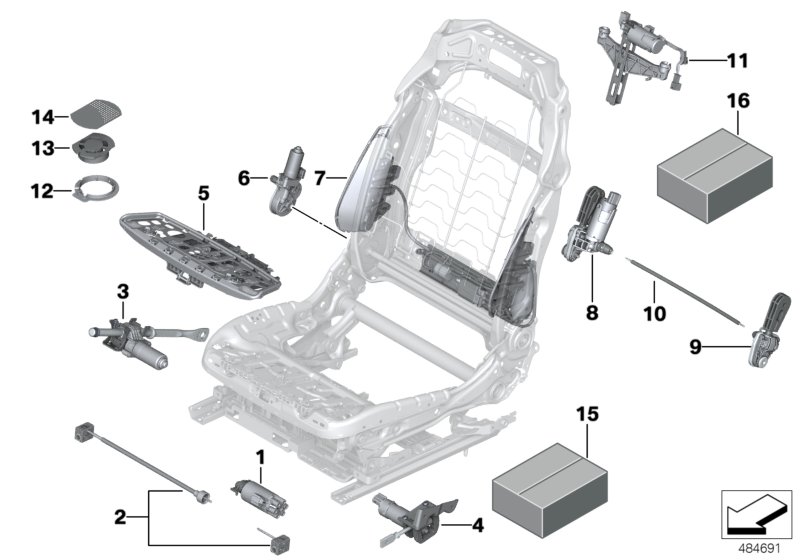 Сиденье Пд, э/оборудование и приводы для BMW G05 X5 30iX B48D (схема запчастей)