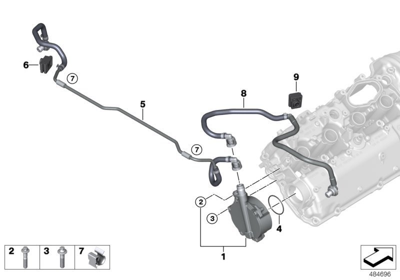 Вакуумный насос с трубопроводом для BMW F90 M5 S63M (схема запчастей)