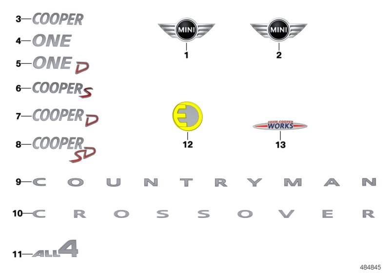 Эмблемы / надписи для BMW F60 Cooper ALL4 B38 (схема запчастей)